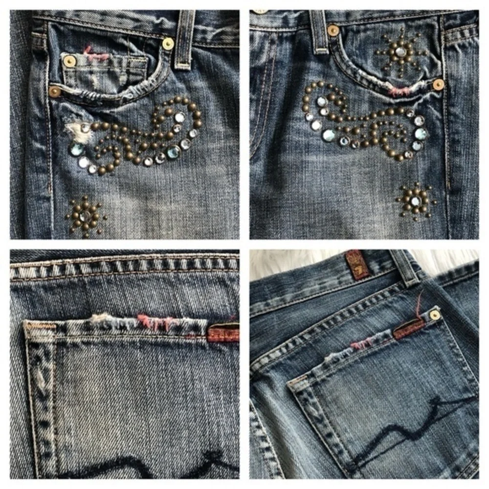 7FAM Great China Wall Y2K Low Rise Flare Swarovski Crystal Studded Jeans Sz 27